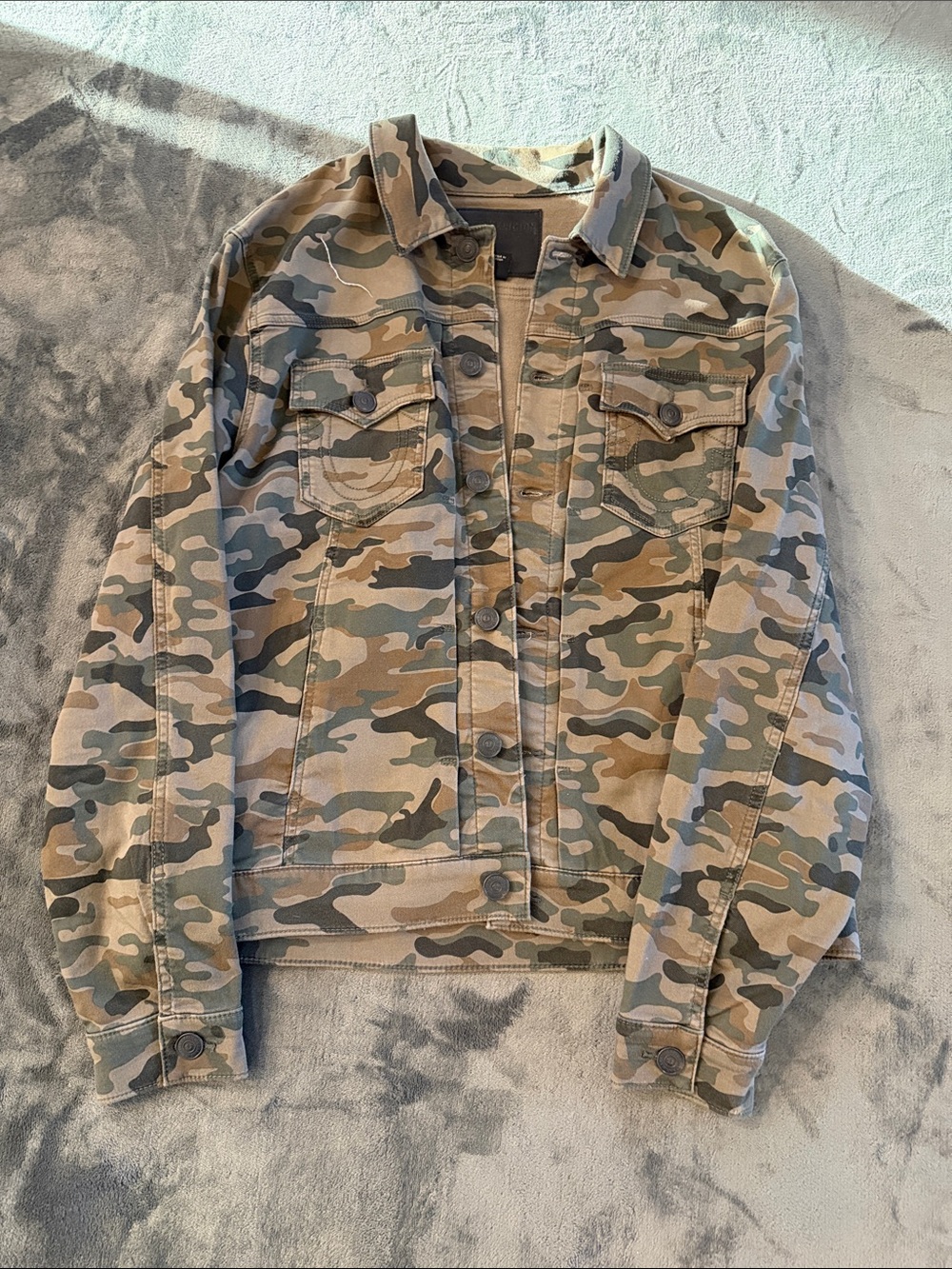True Religion Camo Denim Jacket in Green and Tan